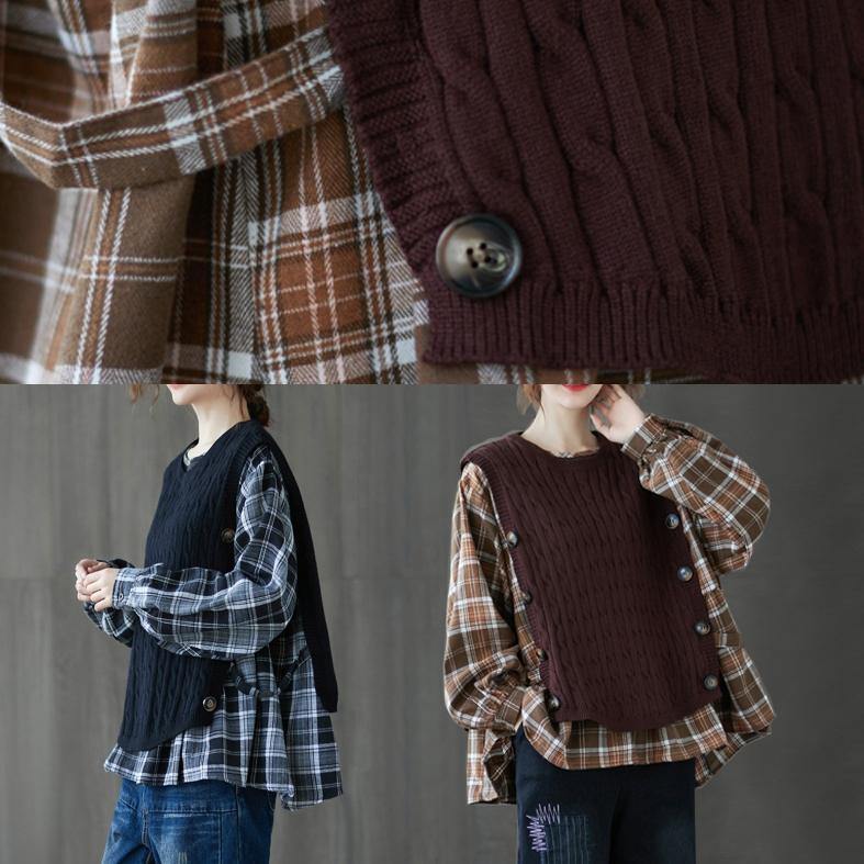 Simple black shirts women o neck patchwork cotton top - SooLinen