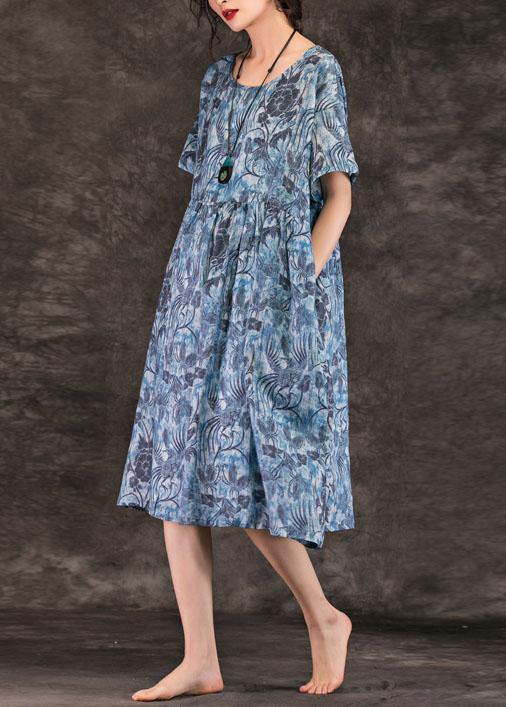 Simple blue print linen clothes o neck pockets loose summer Dress - SooLinen
