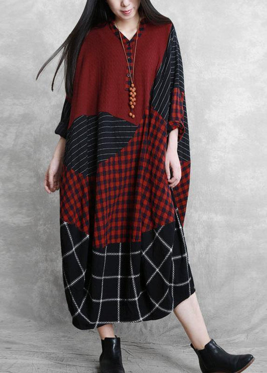 Simple burgundy plaid clothes v neck patchwork Maxi Dress - SooLinen