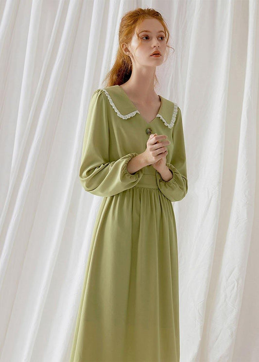 Simple green blended Wardrobes Peter pan Collar Dresses fall Dress - SooLinen