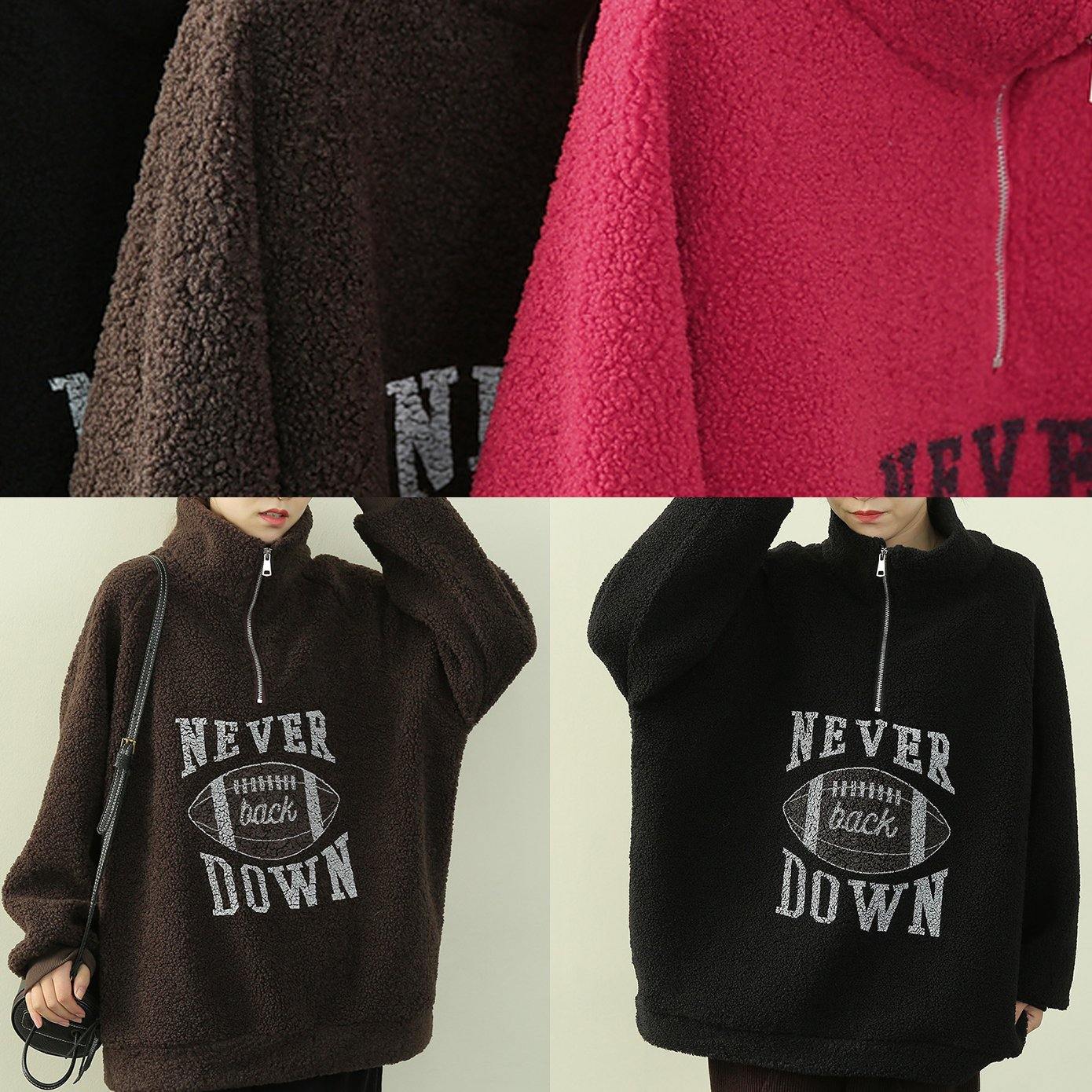 Simple high neck zippered clothes black Letter fuzzy wool top - SooLinen