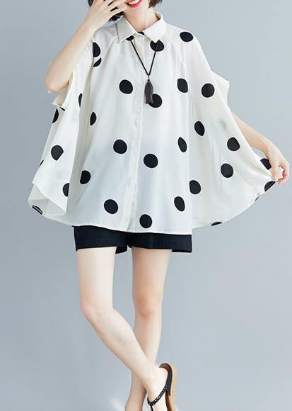 Simple lapel chiffon kaftans Pakistani white dotted Plus Size shirt Summer - SooLinen