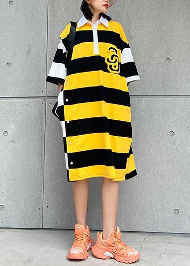 Simple lapel pockets Cotton tunic pattern Inspiration yellow striped Dress - SooLinen