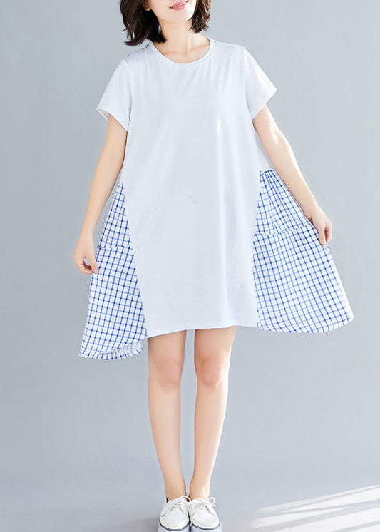 Einfache große Saum Baumwolle Kleidung Frauen indische Shirts blau karierten Knie Kleid Sommer