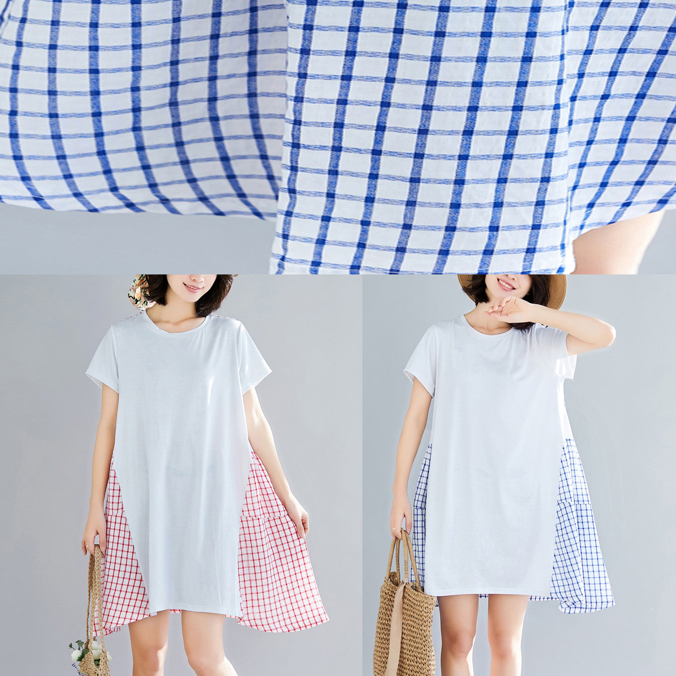 Einfache große Saum Baumwolle Kleidung Frauen indische Shirts blau karierten Knie Kleid Sommer