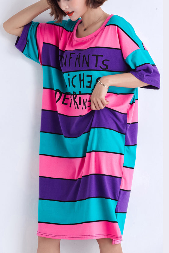 Einfache mehrfarbige lange Baumwollhemden mit Nähten, Arbeitsoutfits, O-Ausschnitt, seitlich offen, Midi-Sommerkleid