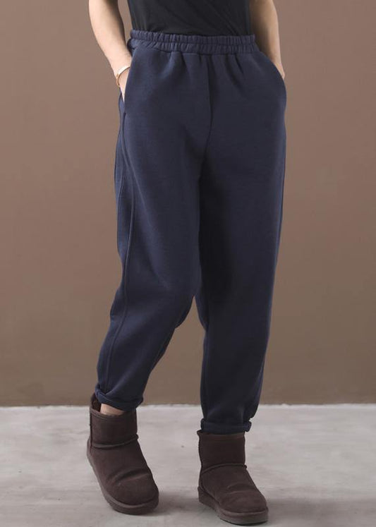 Simple navy winter Jeans thick elastic waist Inspiration women trousers - SooLinen