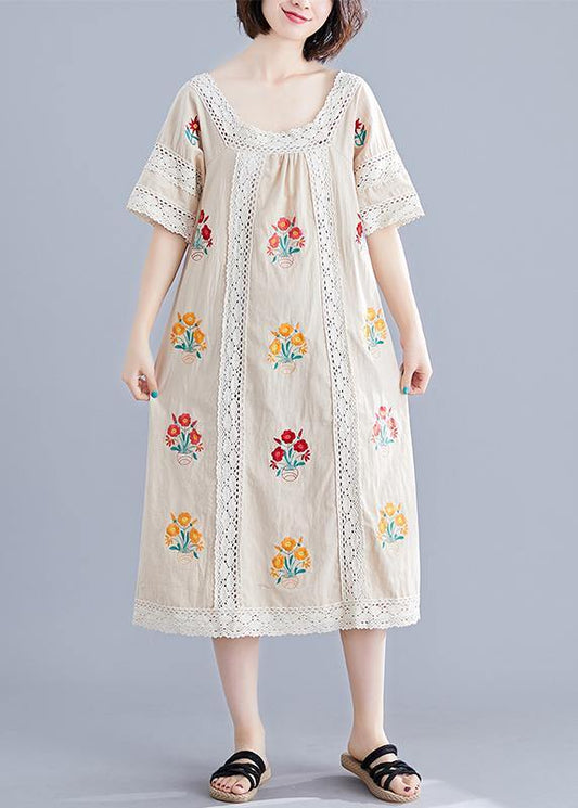 Simple nude embroidery cotton clothes o neck pockets robes summer Dress - SooLinen