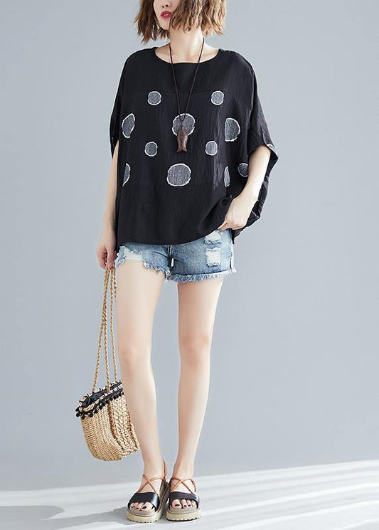 Simple o neck Batwing Sleeve cotton clothes For Women plus size Outfits black dotted oversized blouse Summer - SooLinen