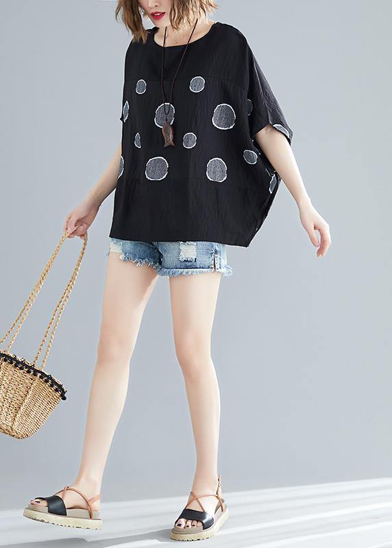 Simple o neck Batwing Sleeve cotton clothes For Women plus size Outfits black dotted oversized blouse Summer - SooLinen