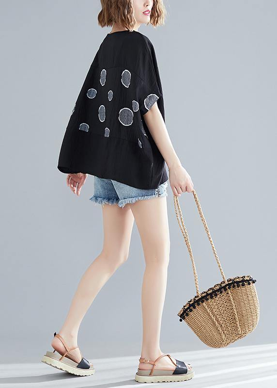 Simple o neck Batwing Sleeve cotton clothes For Women plus size Outfits black dotted oversized blouse Summer - SooLinen