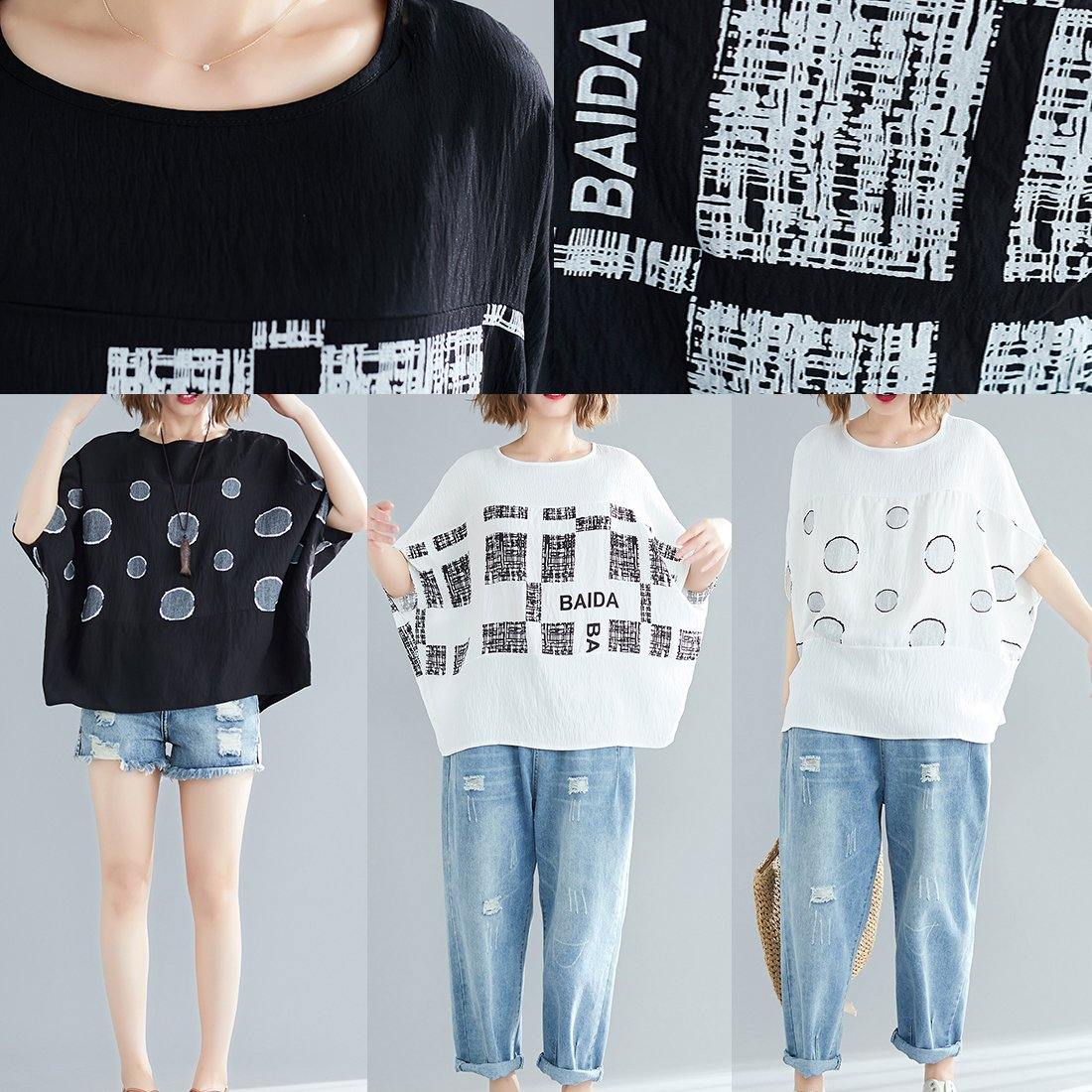 Simple o neck Batwing Sleeve cotton clothes For Women plus size Outfits black dotted oversized blouse Summer - SooLinen