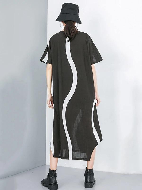 Simple o neck asymmetric cotton dress black striped Dress - SooLinen