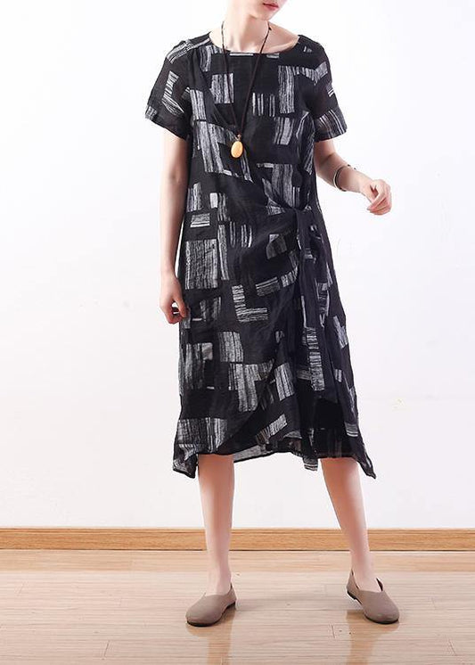 Simple o neck asymmetric linen dresses black print Dress - SooLinen