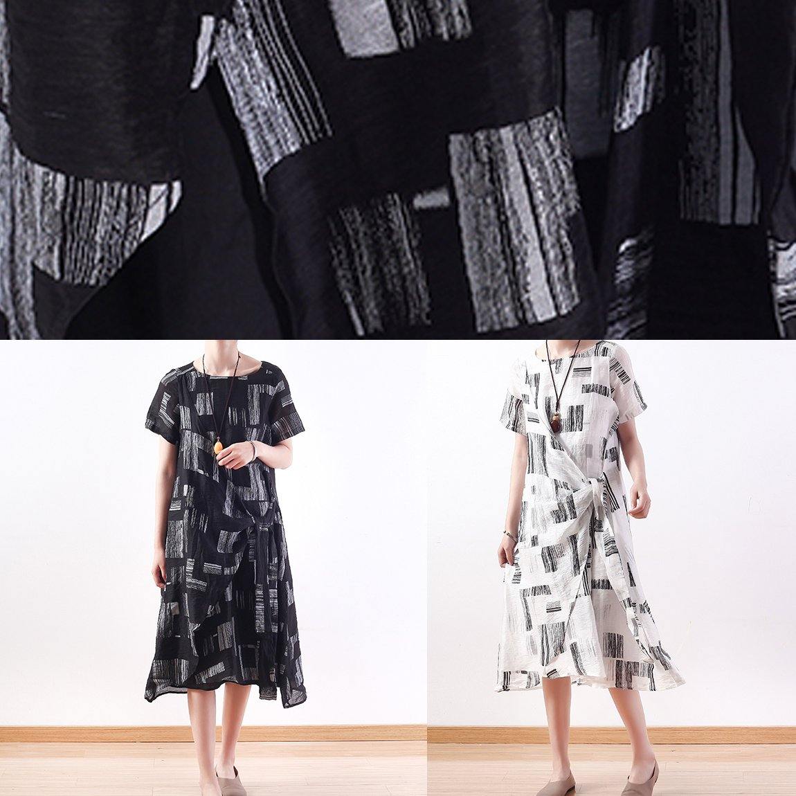 Simple o neck asymmetric linen dresses black print Dress - SooLinen