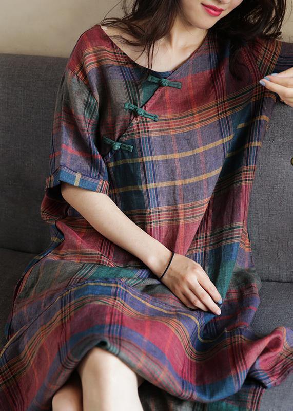 Simple o neck half sleeve linen summer dresses Photography plaid Dress - SooLinen