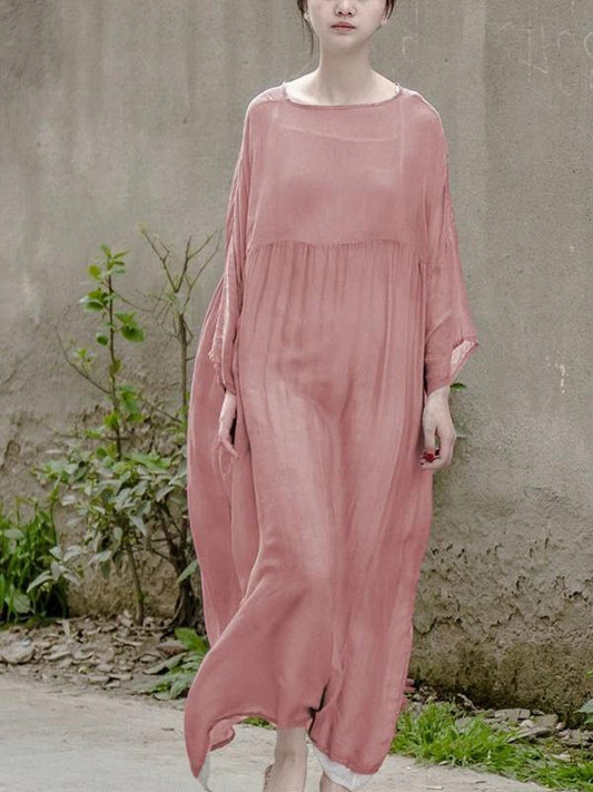 Simple o neck large hem clothes For Women Neckline pink Maxi Dress - SooLinen