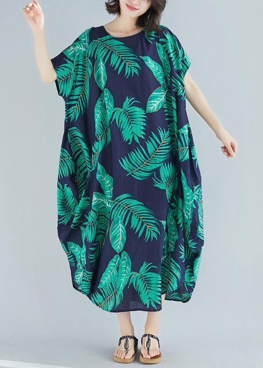 Simple o neck pockets linen cotton quilting clothes Runway blue print Dress summer - SooLinen