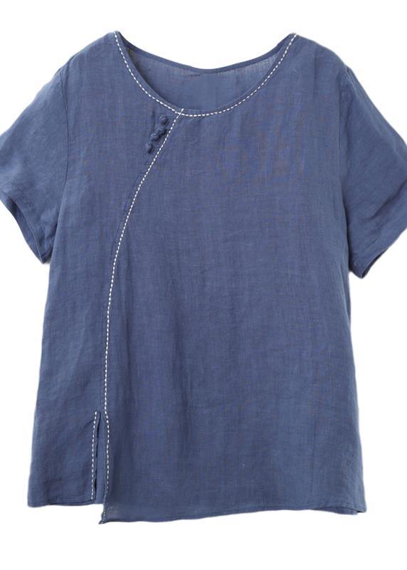 Simple o neck side open linen summer top blue cotton tops - SooLinen