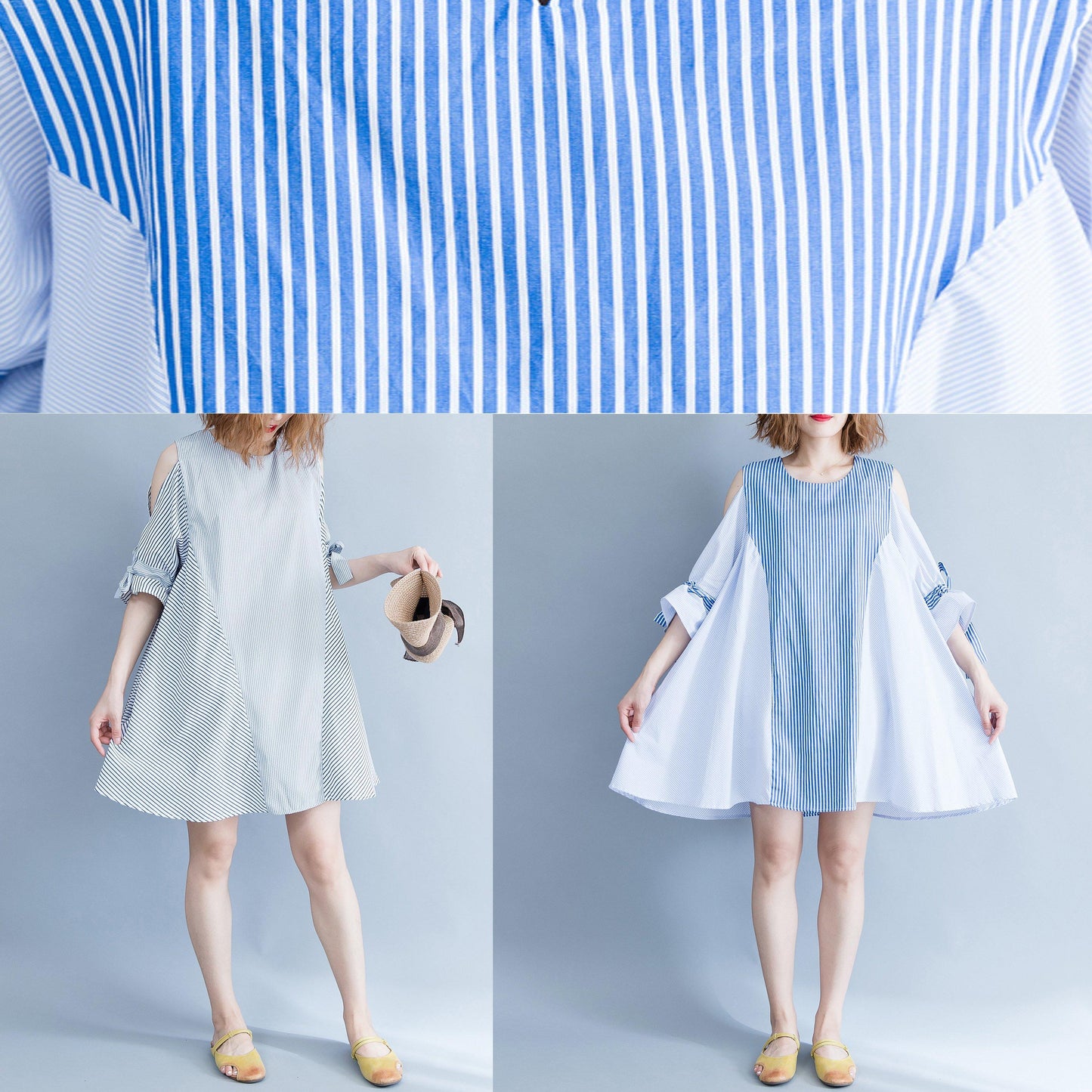 Einfache schulterfreie Baumwollkleidung Damen Pakistani Runway schwarz gestreiftes lockeres Kleid Sommer