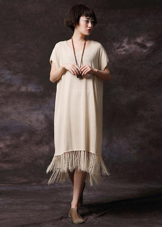Simple pink tassel cotton Long Shirts o neck loose summer Dress - SooLinen