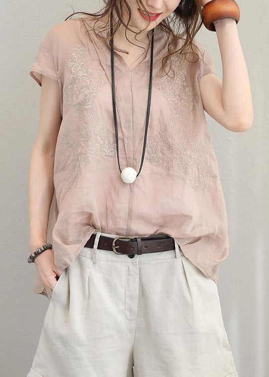 Simple purple khaki linen clothes stand collar short summer tops - SooLinen