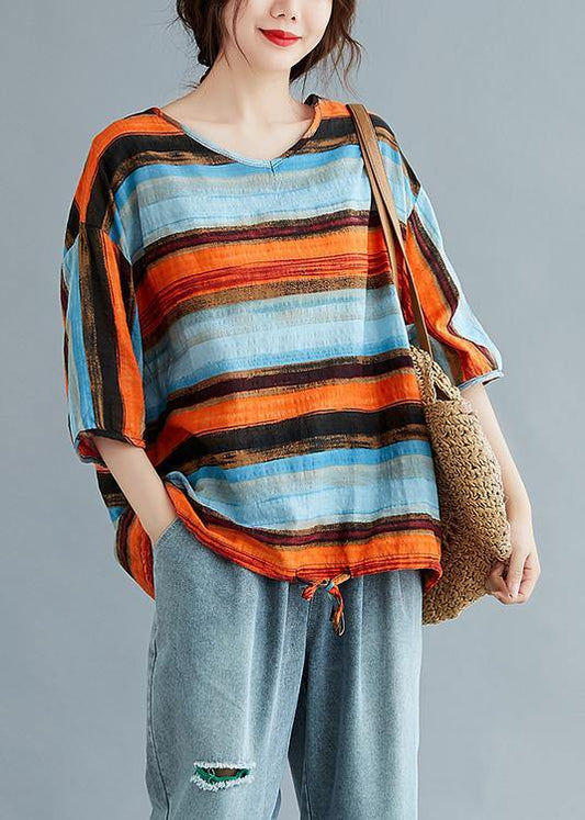 Simple striped linen cotton clothes Work drawstring summer shirt - SooLinen