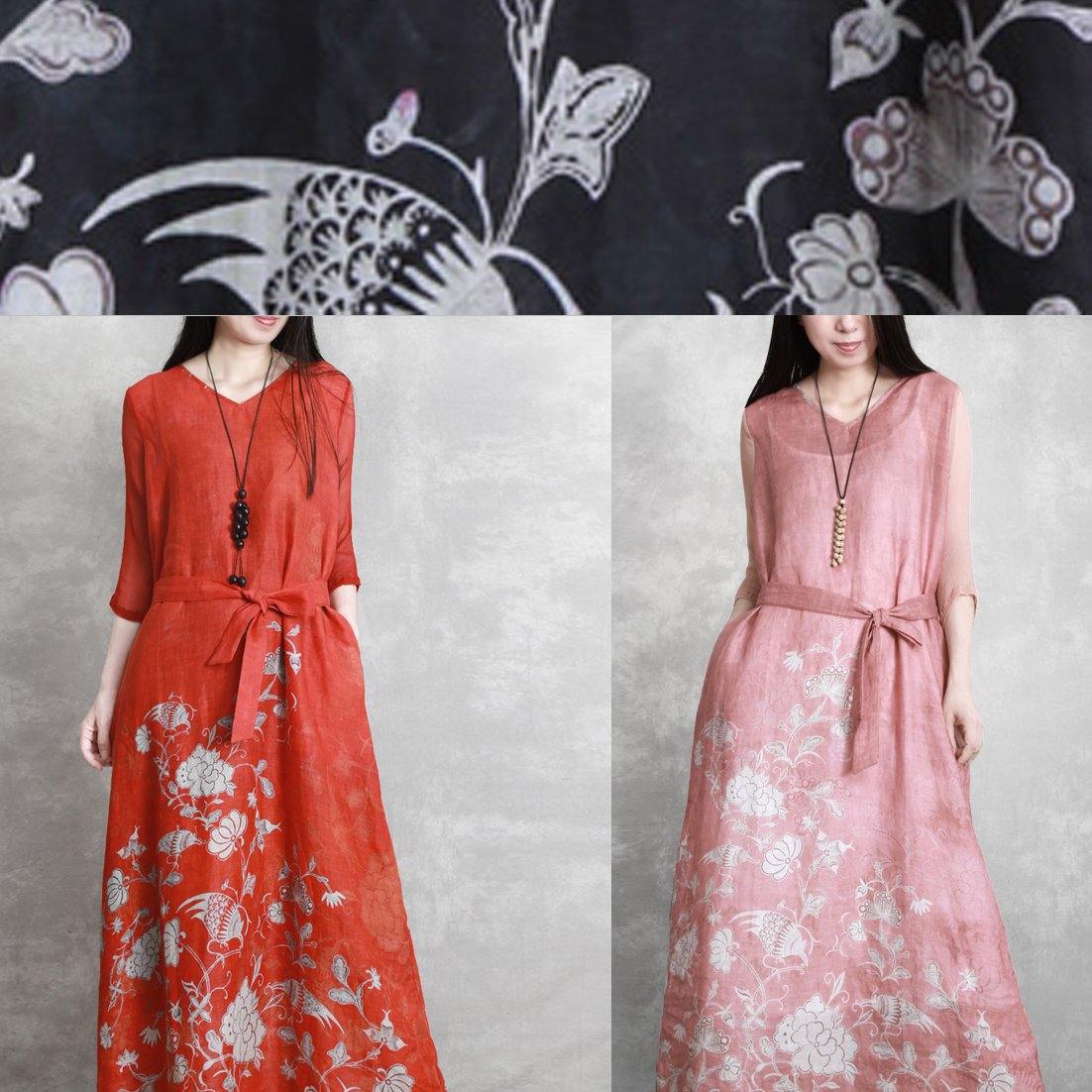 Simple v neck half sleeve summer outfit Catwalk black print Dress - SooLinen