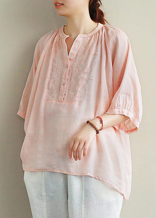 Simple v neck lantern sleeve linen top silhouette Fashion Ideas pink embroidery shirt - SooLinen