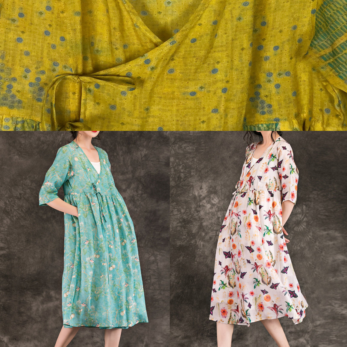 Einfache V-Ausschnitt Krawatte Taille Chiffon Kleidung plus Größe Runway gelb Print kurzes Kleid Sommer