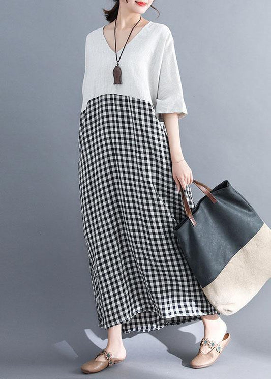 Simple white v neck cotton clothes patchwork cotton summer Dresses - SooLinen