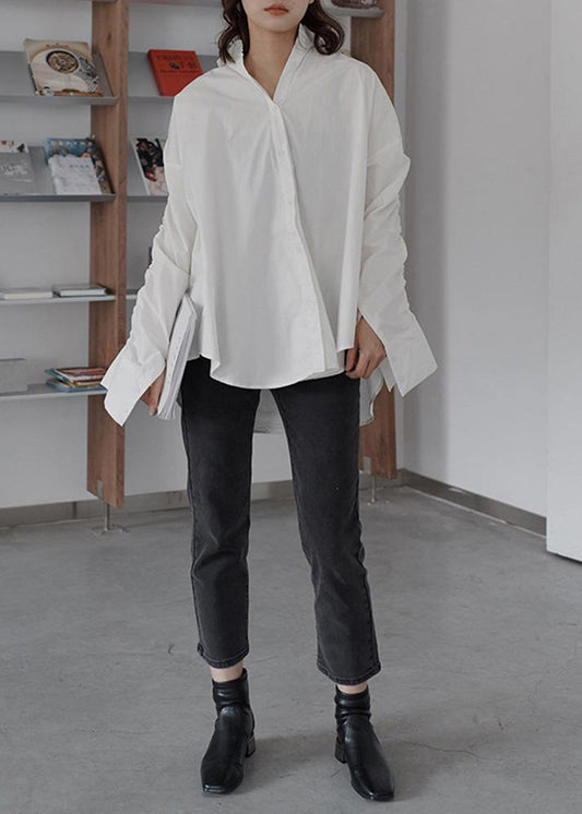 Simple Cinched cotton fall Tunic Shape white tops - SooLinen