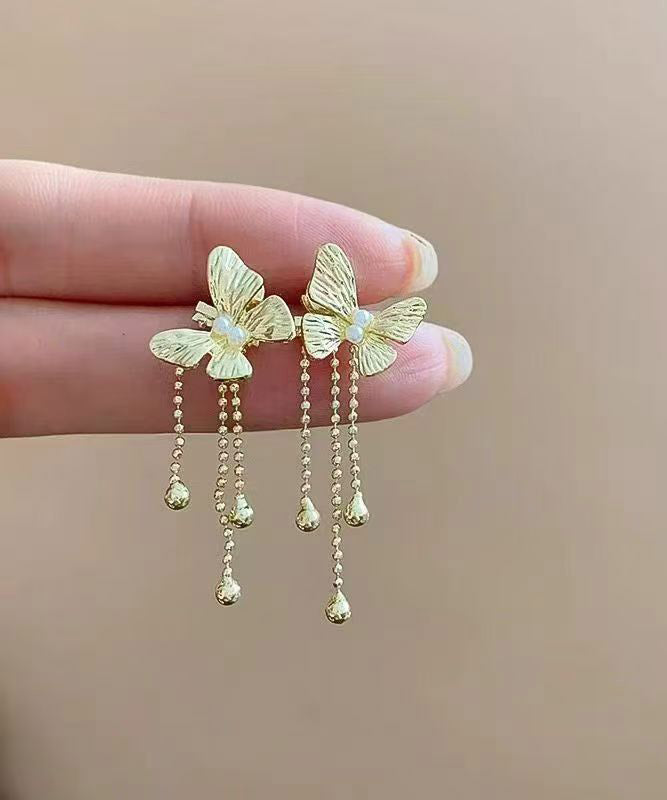 Skinny Gold Alloy Butterfly Tassel Drop Earrings