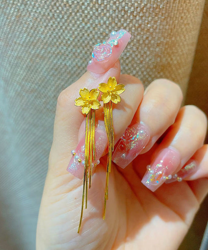 Pendientes colgantes con borlas florales y plata de ley dorada fina