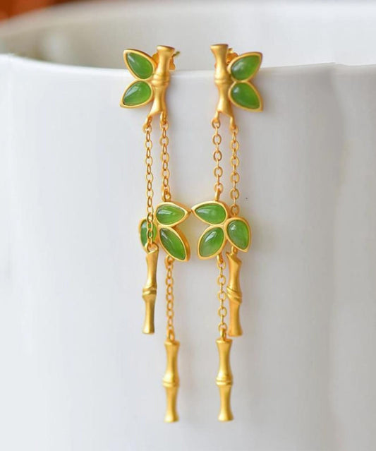 Pendientes colgantes finos de jade y bambú en plata de ley verde sobredorada