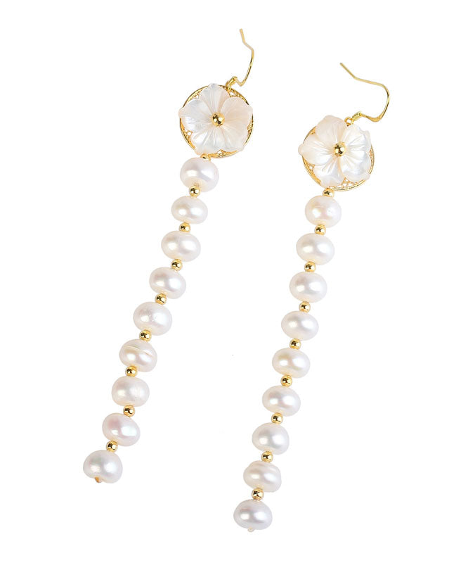 Pendientes finos de plata de ley blanca con borlas y flores de concha y perla dorada