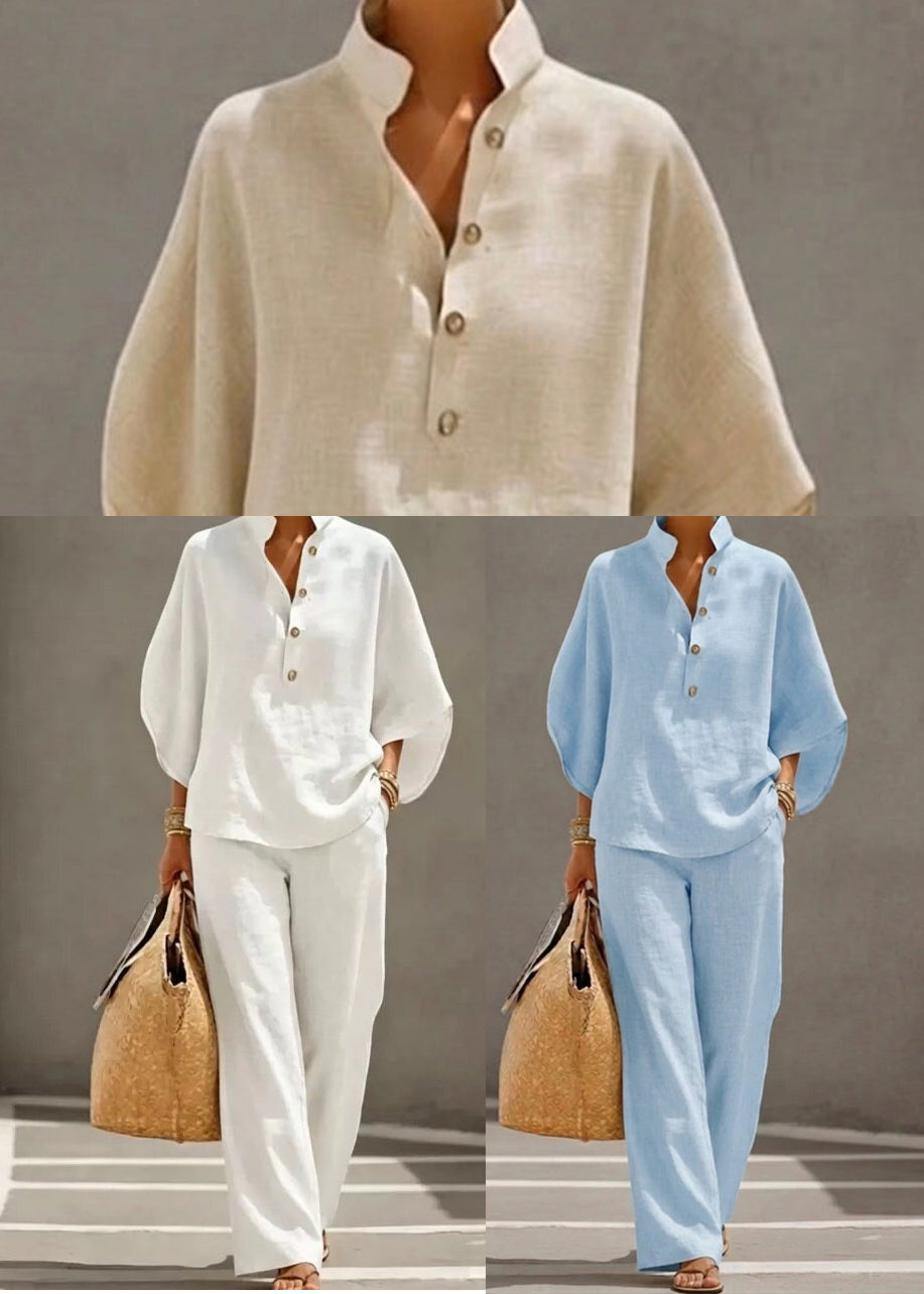 Sky Blue Cotton Two Piece Set Women Clothing Stand Collar Fall