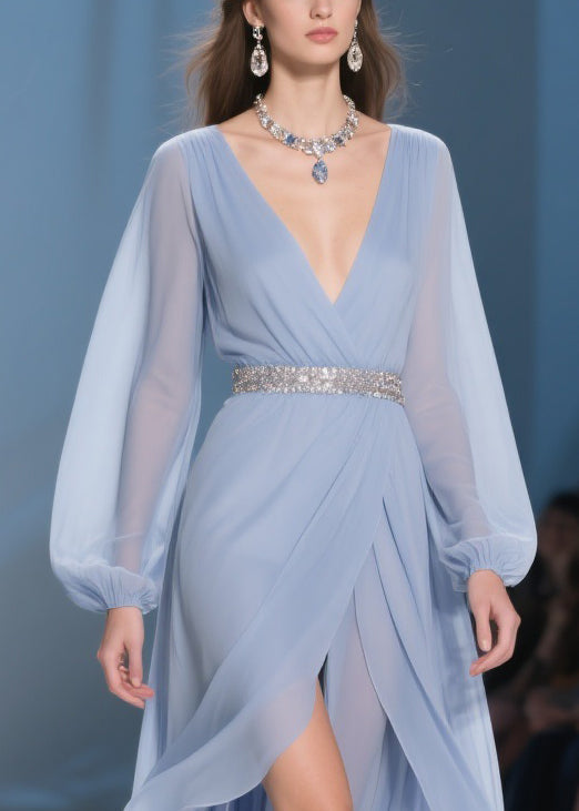 Sky Blue Wrinkled Low High Design Long Dresses V Neck