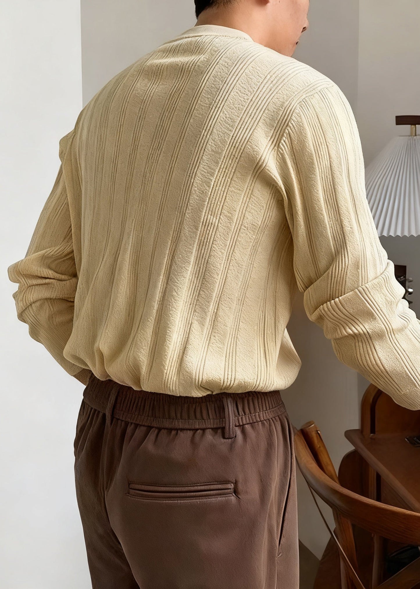 Slim Fit Apricot O Neck Striped Solid Knit Sweater Men Winter