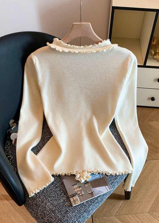 Slim Fit Apricot Ruffled Cozy Knit Sweater Tops