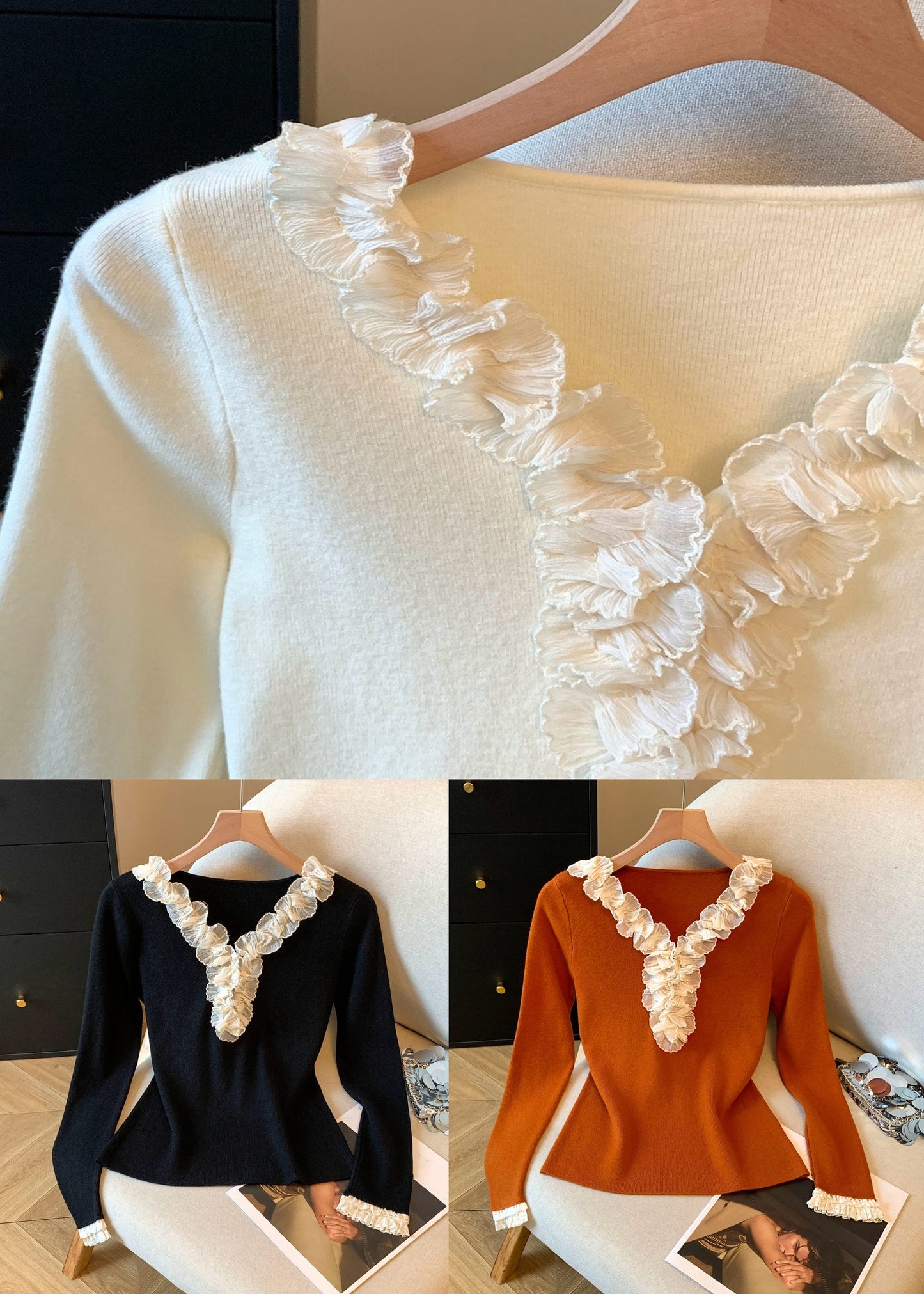 Schmal geschnittenes, aprikosenfarbenes T-Shirt aus einfarbigem Strickbaumwollstoff mit Rüschen