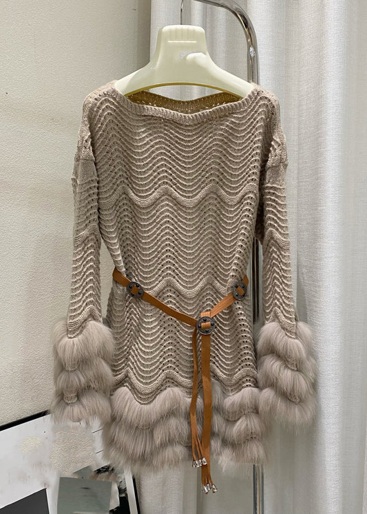 Suéteres de punto de algodón con cintura anudada y patchwork de zorro beige de corte entallado para invierno