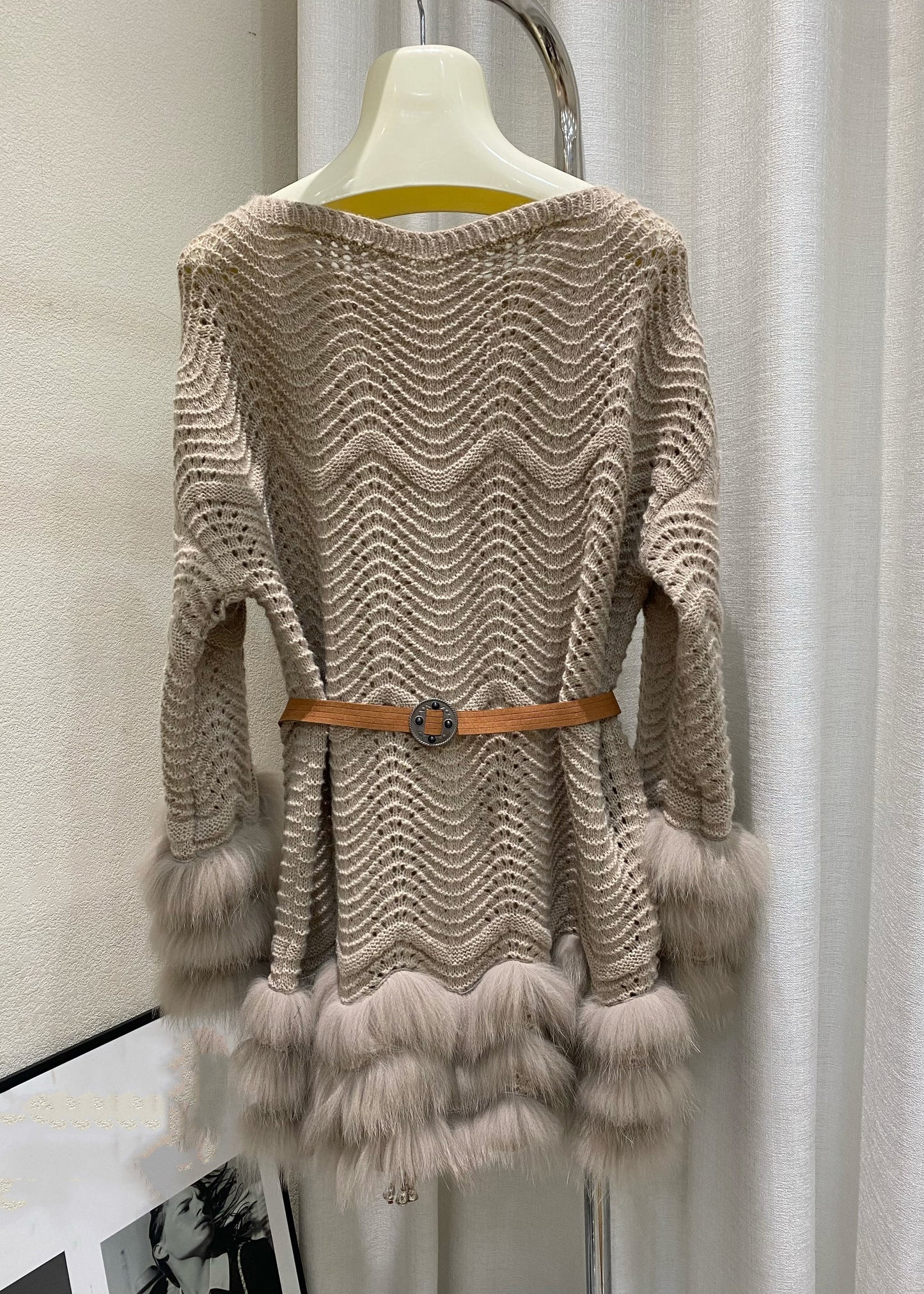Slim Fit Beige Fox Patchwork Tie Waist Cotton Knit Sweaters Winter
