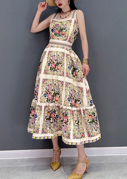 Ärmelloses Chiffonkleid mit Spaghettiträgern in Beige mit Print in schmaler Passform