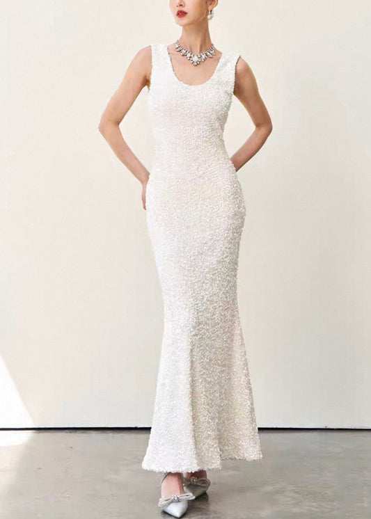 Slim Fit Beige U Neck High Waist Cotton Long Dresses Sleeveless