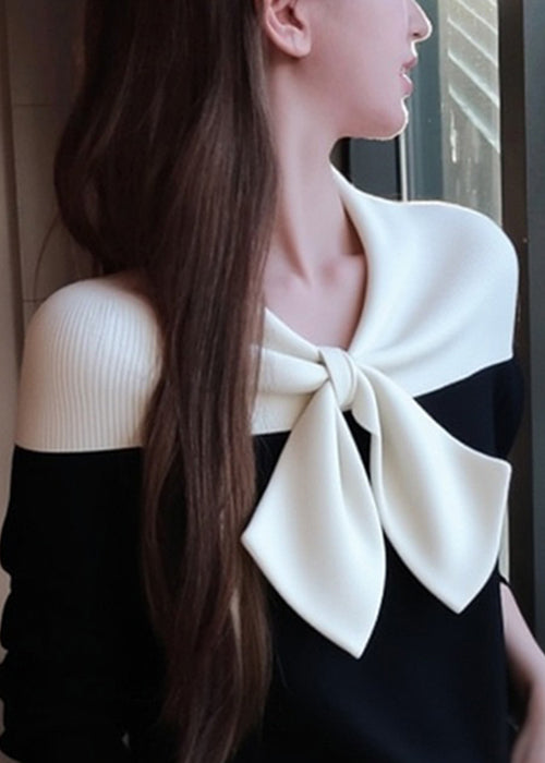 Suéteres de punto de patchwork con lazo negro de corte entallado para invierno