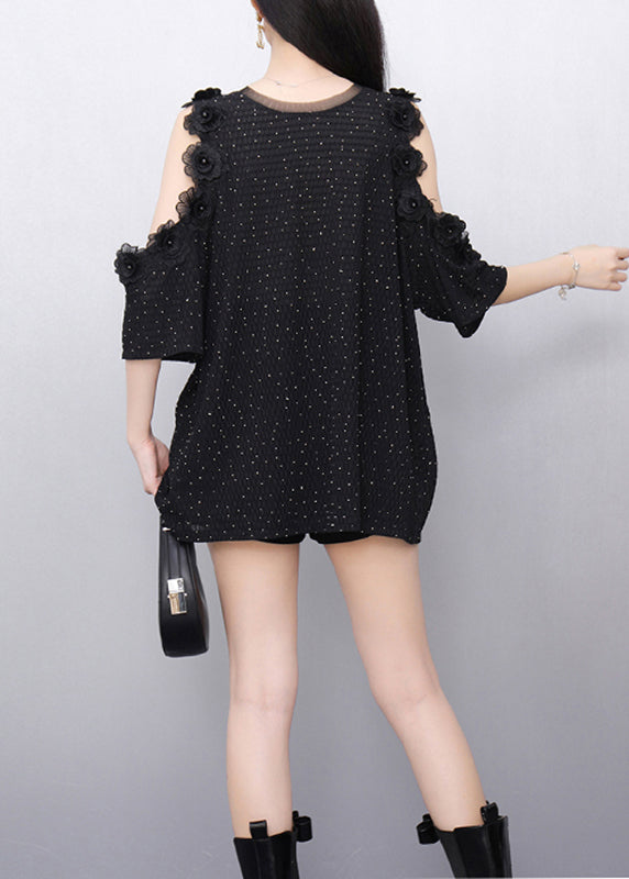 Slim Fit Black Floral Cold Shoulder T Shirt Short Sleeveless