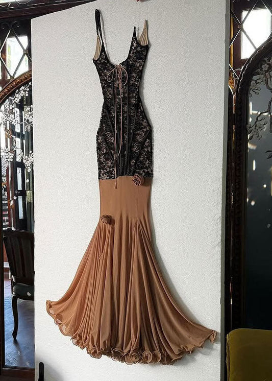 Slim Fit Black Lace Up Patchwork Lace Spaghetti Strap Dress Sleeveless