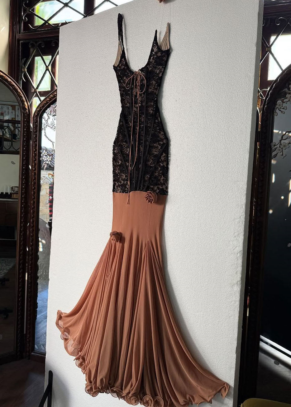 Slim Fit Black Lace Up Patchwork Lace Spaghetti Strap Dress Sleeveless