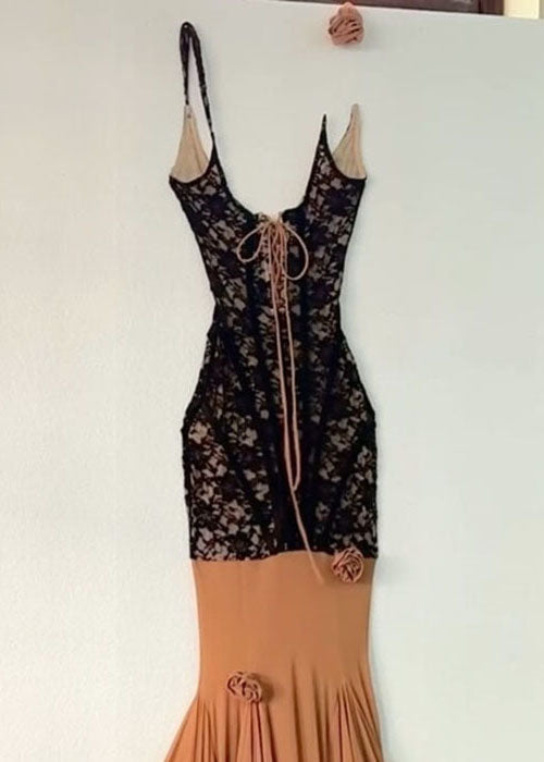 Slim Fit Black Lace Up Patchwork Lace Spaghetti Strap Dress Sleeveless